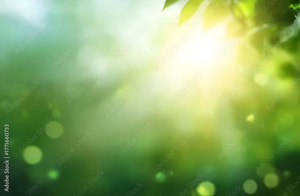 Obraz premium A serene and vibrant nature scene featuring soft sunlight filtering through lush green leaves.