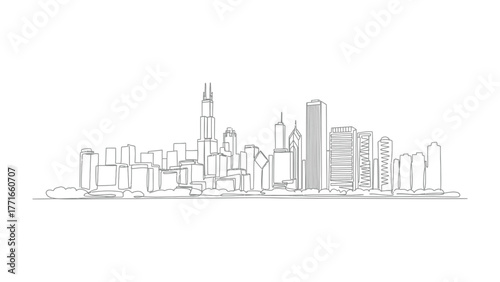 Cityscape Skyline: A minimalist monochrome sketch of a towering city skyline, its intricate architectural details rendered in clean lines, creating a sense of urban elegance and modern grandeur.