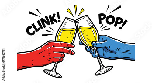 Colorful champagne toast with red and blue hands celebrating New Year's Eve party with champagne and confetti  