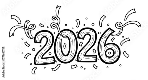 Festive 2026 digits with streamers and confetti for New Year's Eve party  