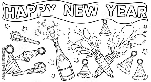 Happy New Year celebration with champagne, confetti, and party hats  