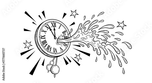 Clock with champagne splash and stars representing New Year's Eve party  