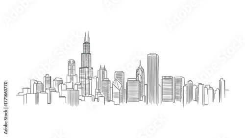 Cityscape Sketch: A minimalistic line drawing of a modern city skyline. It's a clean, simple representation of an urban environment.