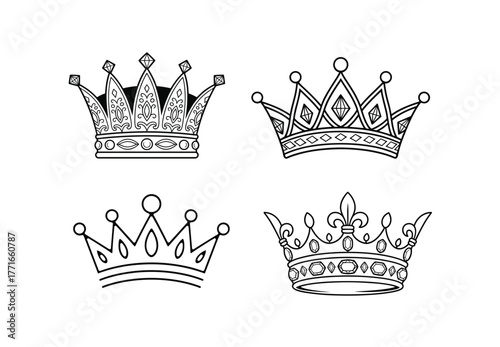 Four Crown Vector Illustration Royalty Symbol Collection Ornate Designs
