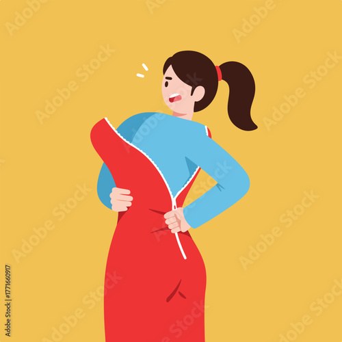 An illustration depicts a young person struggling with a garment zipper. The person appears startled