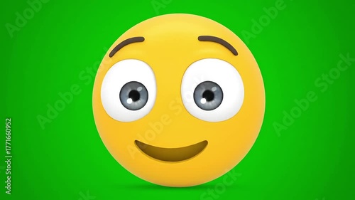 Joyful yellow emoji character with wide eyes and a happy smile on a vibrant green background