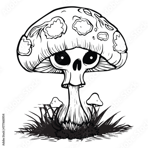 Mushrooms set. Hand drawn growing mushroom, mycelium in vintage engraving style. Sketch vector illustration