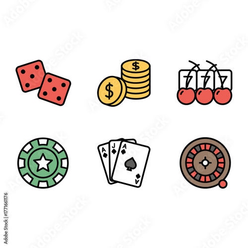 Vector icon set for casino games and gambling concepts, featuring roulette, poker, dice, and slot machine symbols representing luck and chance