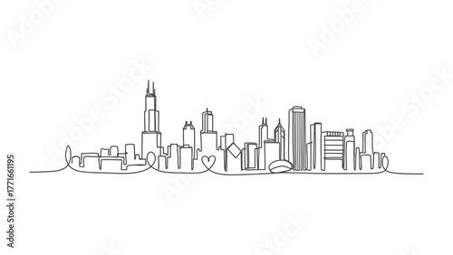 Chicago Skyline Line Art: A sleek, minimalist line drawing of the iconic Chicago skyline, celebrating architectural innovation and urban elegance. 
