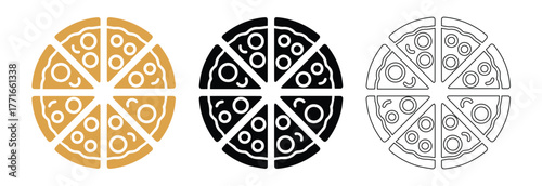 Pizza Slice Icons Set - Color, Silhouette, and Line Art Vector