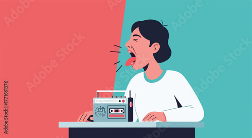 Illustration of a person yelling, with a boombox