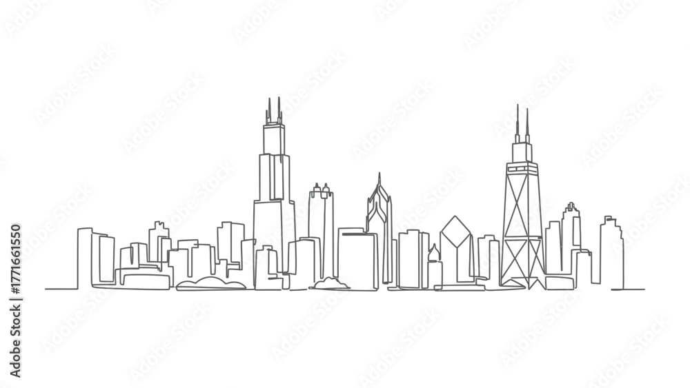 Fototapeta premium Chicago Cityscape: a minimalist single-line illustration captures the essence of a sprawling cityscape, showcasing iconic structures and a dynamic skyline.