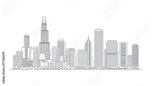 Urban Skyline: A detailed monochrome line drawing of a bustling cityscape showcases the architectural marvels. It conveys a sense of grandeur and precision.