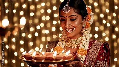 Beautiful indian woman celebrating diwali festival with lights and traditional jewelry