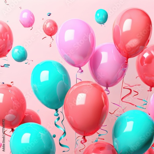 an AI Image Generator, Colorful Balloons Celebration Set With Floating Ribbons
