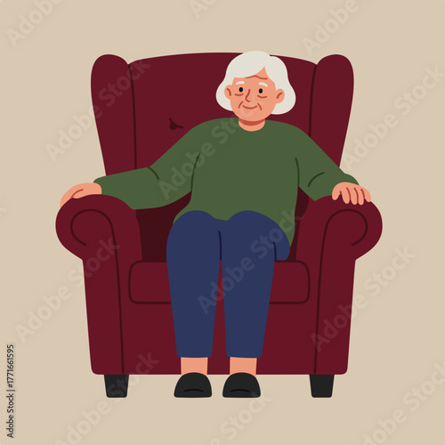An elderly woman with white hair sits in a large, burgundy armchair, looking relaxed. The background is neutral