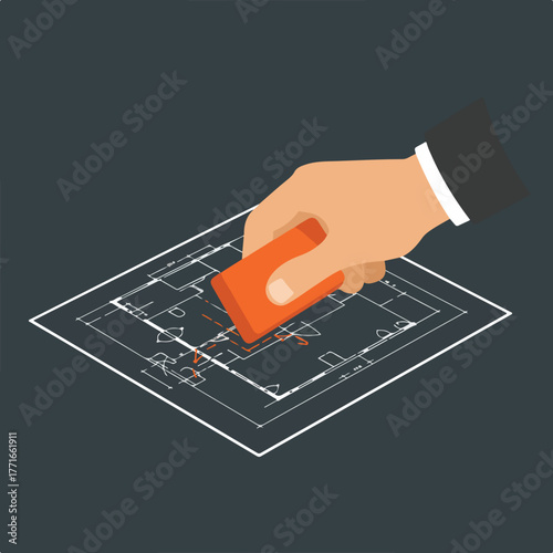 Illustration depicts a hand erasing a line on an architectural plan with an eraser. Dark grey background