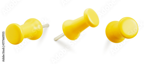 Set of yellow push pins. Thumbtacks ready for your design. Different angle view. Vector illustration isolated on white background