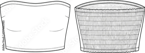 Strapless tube top fashion sketch, front view, smooth and pleated design, garment illustration, clothing template, womenswear, apparel design