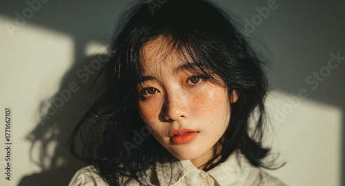 Wallpaper Mural 自然なそばかすと温かい日差しが美しい若いアジア人女性のポートレート Torontodigital.ca