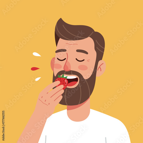 A bearded man, eyes closed, enjoys eating a strawberry. Red juice droplets indicate a flavorful bite. Background is yellow