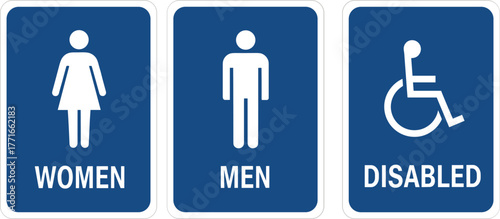 Restroom signage for men, women, disabled access, blue background, public facility icons, inclusive toilet signs, accessibility symbols, gender-specific washroom labels, vector illustration