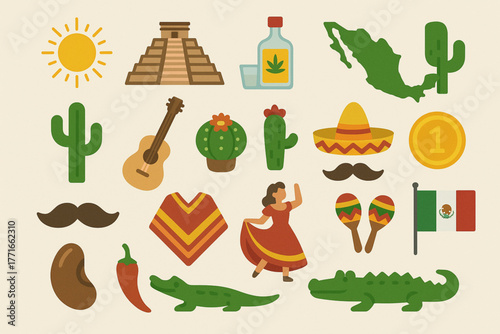 Mexico Flat Icon Set – Vector Illustration of Cultural Symbols, Landmarks, and Traditions