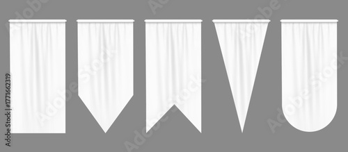 White pennant flags mockup, blank vertical banners on flagpole with rounded, straight, pointed and double edges. Isolated medieval heraldic empty ensign templates. Realistic 3d vector illustration set