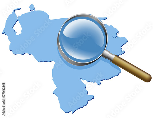 Blue Venezuela map being examined closely by a magnifying glass. Concept for geographical research or in-depth country analysis. (cut out)