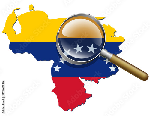 Venezuela map colored with the national flag, being examined closely by a magnifying glass. Concept for Venezuelan politics or economics research. (cut out)