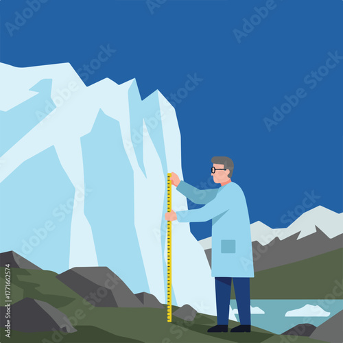 A scientist in a lab coat measures an iceberg with a ruler in a snowy environment