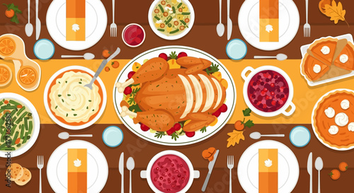 Festive Thanksgiving Dinner Table with Traditional Dishes and Autumn Decor