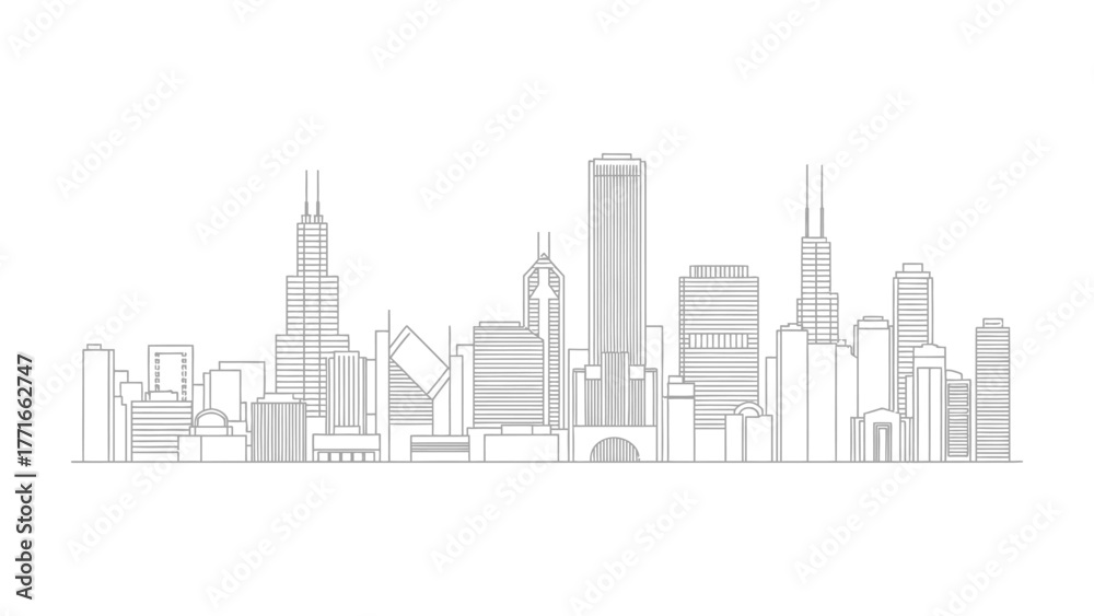 Naklejka premium Urban Skyline: An artistic linear representation of a city skyline, featuring a cluster of varied modern structures. the elegant simplicity of a modern metropolis.