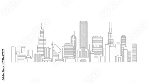 Urban Skyline: An artistic linear representation of a city skyline, featuring a cluster of varied modern structures. the elegant simplicity of a modern metropolis.