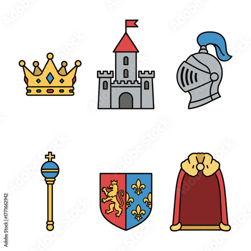 Colorful flat design vector icons of medieval royalty and knighthood. Features a crown, castle, knight helmet, scepter, heraldic shield, and royal cloak