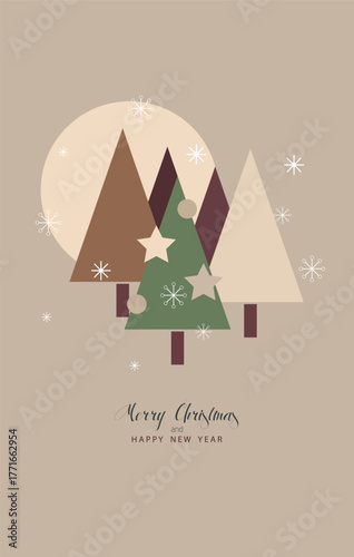 Elegant minimalist vector illustration featuring stylized Christmas trees in soft neutral tones with geometric shapes and subtle snowflakes.  Perfect for festive posters, invitations, web banners.