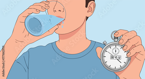 Person drinking water while holding a stopwatch