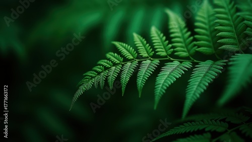 Delicate fern leaves branching in soft focus with intricate textures against dark blurred foliage, concept of nature serenity, botanical decor, wellness background