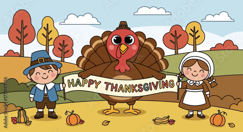 Thanksgiving Cartoon with Smiling Turkey and Pilgrim Children