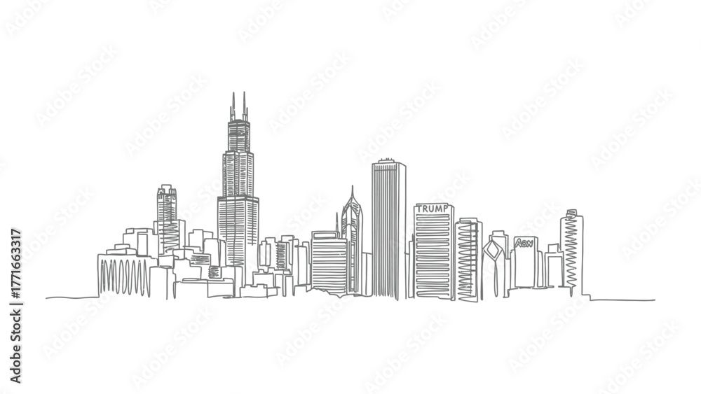 Obraz premium Urban Silhouette: A minimalist monochrome depiction of a bustling cityscape skyline. Focusing on the strong lines and the unique architecture of each building. 