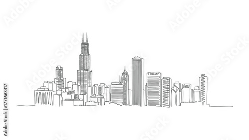 Urban Silhouette: A minimalist monochrome depiction of a bustling cityscape skyline. Focusing on the strong lines and the unique architecture of each building. 