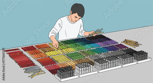 Person sorting colored pencils by shades and hues on a table