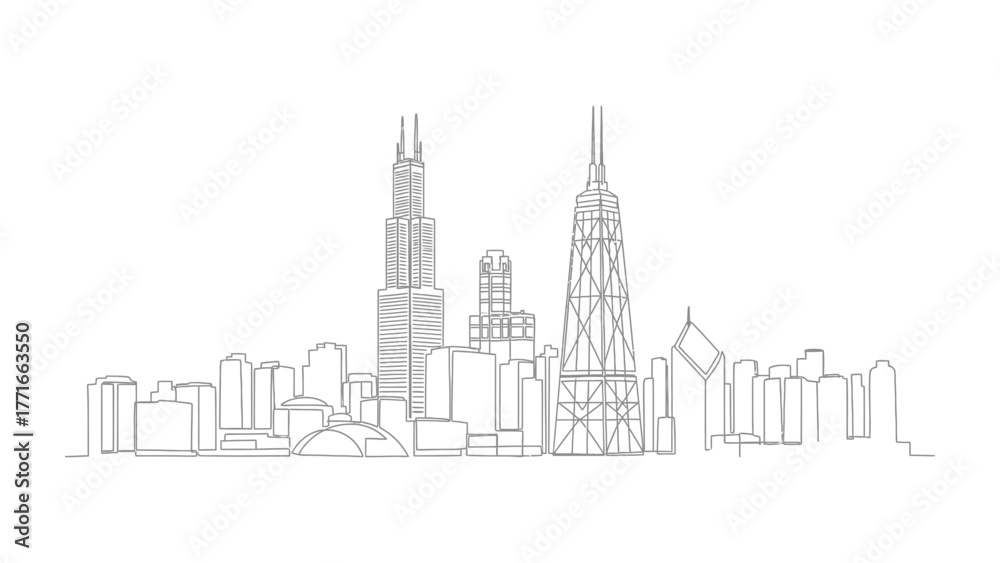 Naklejka premium Cityscape Silhouette: An architectural line art showcasing the iconic skyline of a vibrant urban metropolis, highlighting the distinctive shapes and contours of the modern architecture.
