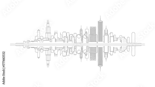 City Skyline Reflection: A captivating minimalist portrayal of a city skyline with its reflection, showcasing urban elegance and symmetrical artistry.