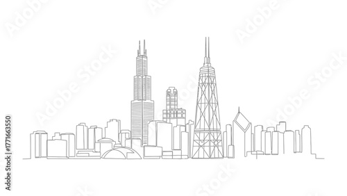 Cityscape Silhouette: An architectural line art showcasing the iconic skyline of a vibrant urban metropolis, highlighting the distinctive shapes and contours of the modern architecture.