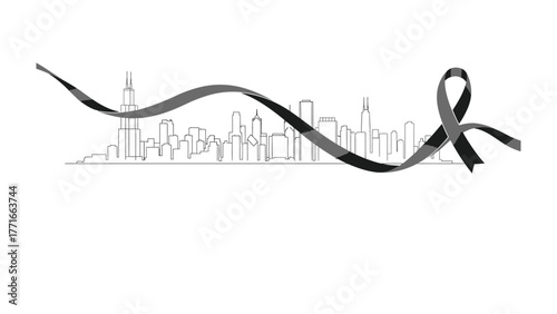 Ribbon of Remembrance: A symbolic representation of unity, featuring a flowing ribbon gracefully intertwining with an iconic cityscape, evoking a sense of memorial and solidarity.