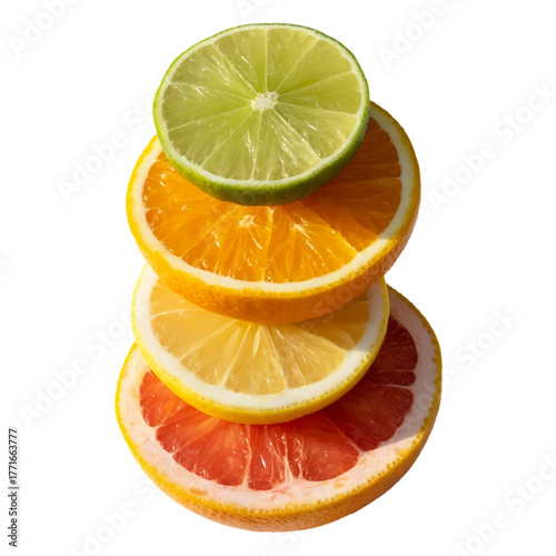 Fresh yellow lemon, lime, and orange citrus fruit slices isolated on white