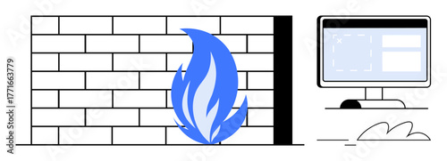 Firewall represented as a brick wall with a blue flame, symbolizing digital security. Nearby, a computer screen highlights system monitoring. Ideal for cybersecurity, data safety, risk management, IT