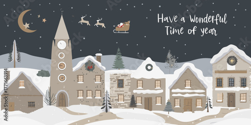 Charming winter village scene with santa claus flying in his sleigh over snow covered rooftops and festive decorations