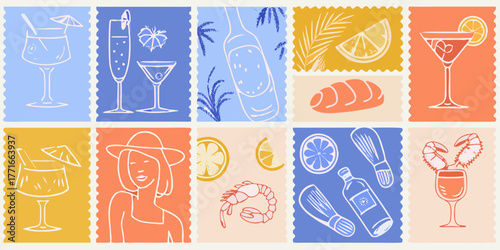 Summer vacation collage of drinks food and beach elements in a stamp format